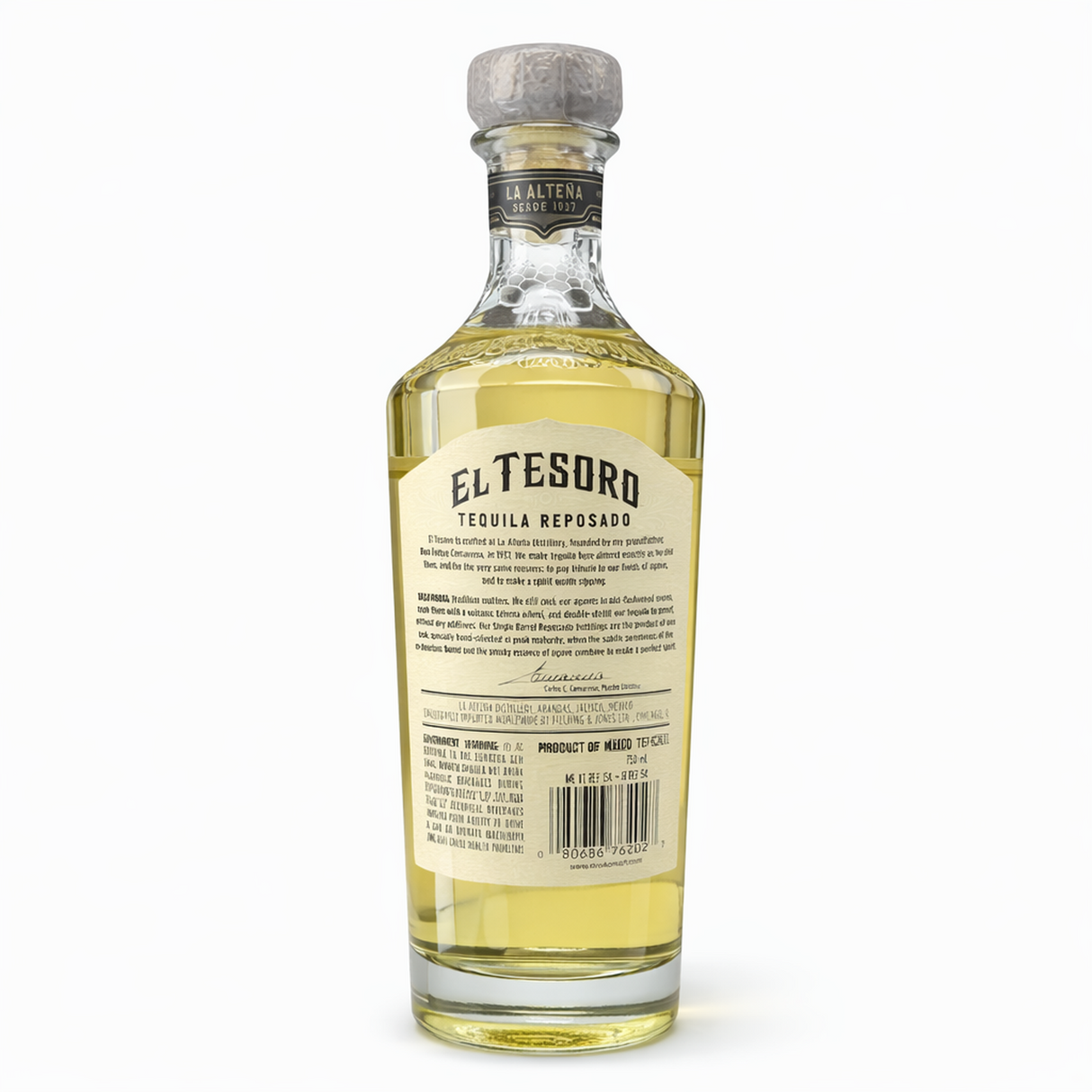 El Tesoro Reposado Single Barrel Tequila back bottle detail on white background