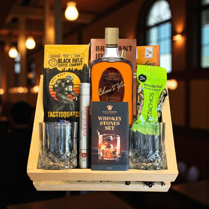 Engravable Elmer T. Lee Single Barrel Bourbon Top Shelf Gift Crate displayed in a warm, elegant setting with whiskey, coffee, cigar and glasses – handcrafted bourbon crate from Top Bourbon