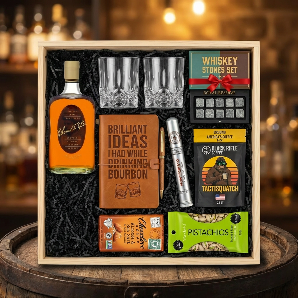 Elmer T. Lee Single Barrel Sour Mash Kentucky Straight Bourbon Whiskey Top Shelf gift crate with bourbon journal, Montecristo Platinum cigar, Black Rifle Coffee, Chocolove chocolate, Wonderful Pistachios, crystal glasses, and Royal Reserve whiskey stones nestled in black zigzag crinkle paper inside wooden crate on rustic wood surface with warm ambient lighting