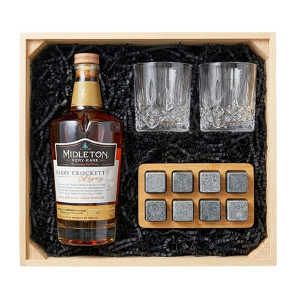 Emerald Isle Gift Crate with Midleton Barry Crockett Legacy Irish Whiskey, two crystal-cut Old Fashioned glasses, and whiskey stones set with tray