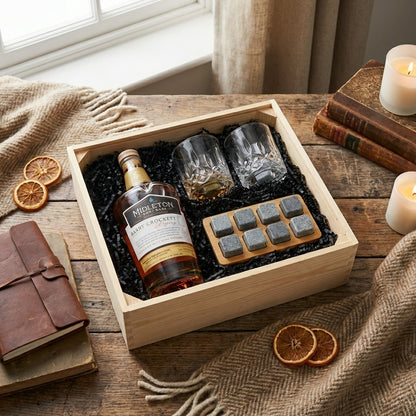 Emerald Isle Gift Crate with Midleton Barry Crockett Legacy Irish Whiskey, two crystal-cut Old Fashioned glasses, and whiskey stones set with tray laying on a wooden table