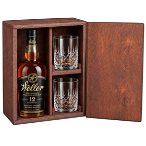 W.L. Weller 12 Year bourbon wooden gift box with two crystal glasses
