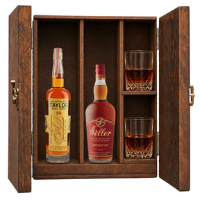 Colonel E.H. Taylor Small Batch Bottled in Bond & W.L. Weller Antique 107 wooden gift box with 2 crystal glasses