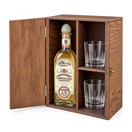 Fortaleza Reposado Tequila Gift Set with Wooden Box & 2 Crystal Glasses – wooden gift box with 2 crystal glasses