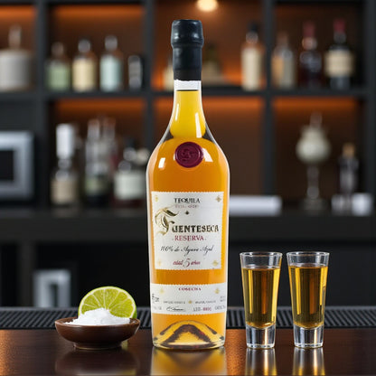 Engravable Fuenteseca Reserva 5 Year Extra Añejo Tequila Limited Edition bottle on bar with two shot glasses and lime – Top Bourbon lifestyle image