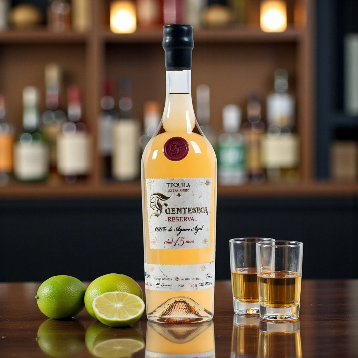 Engraved Fuenteseca Reserva Extra Añejo 15 Year Tequila 750ml bottle with shot glasses and limes on polished bar – Top Bourbon lifestyle image