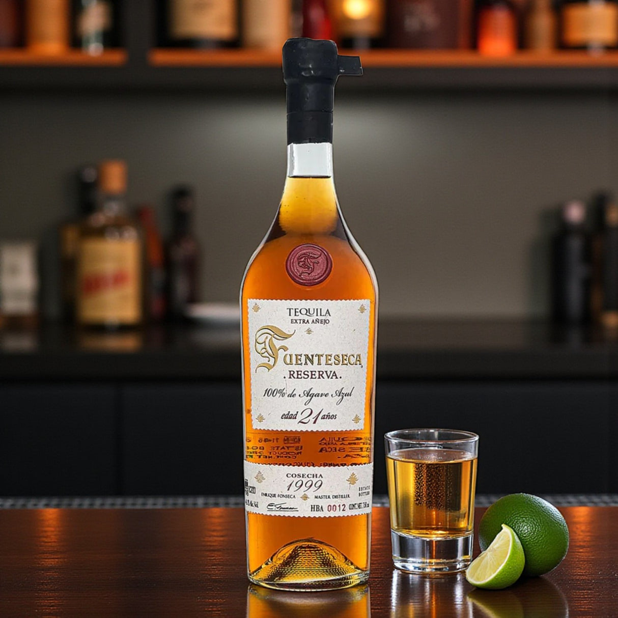 Engraved Fuenteseca Reserva Extra Añejo 21 Year Tequila 750ml bottle with shot glass and lime on polished bar – Top Bourbon lifestyle image
