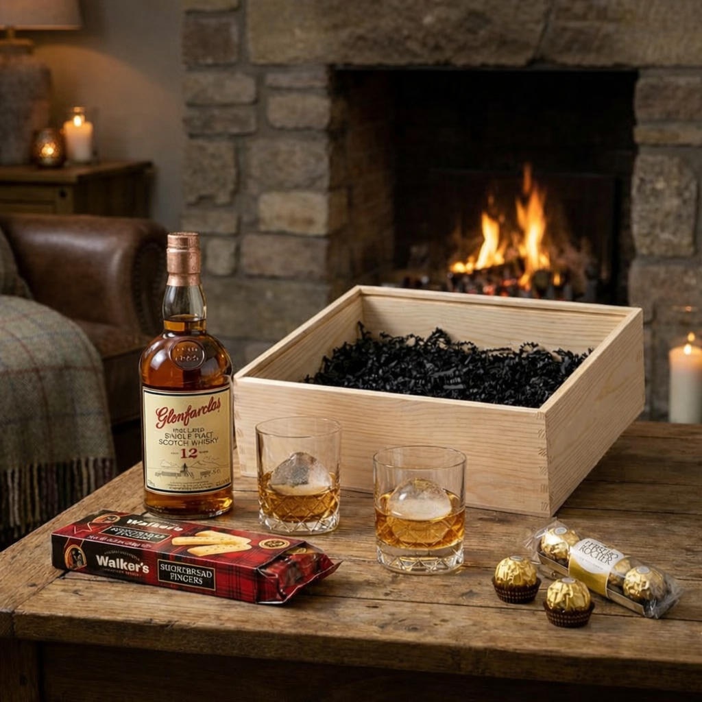 Glenfarclas 12 Year Sherry Cask Scotch Gift Crate – Whisky, Glasses, Whiskey Stones &amp; Gourmet Treats