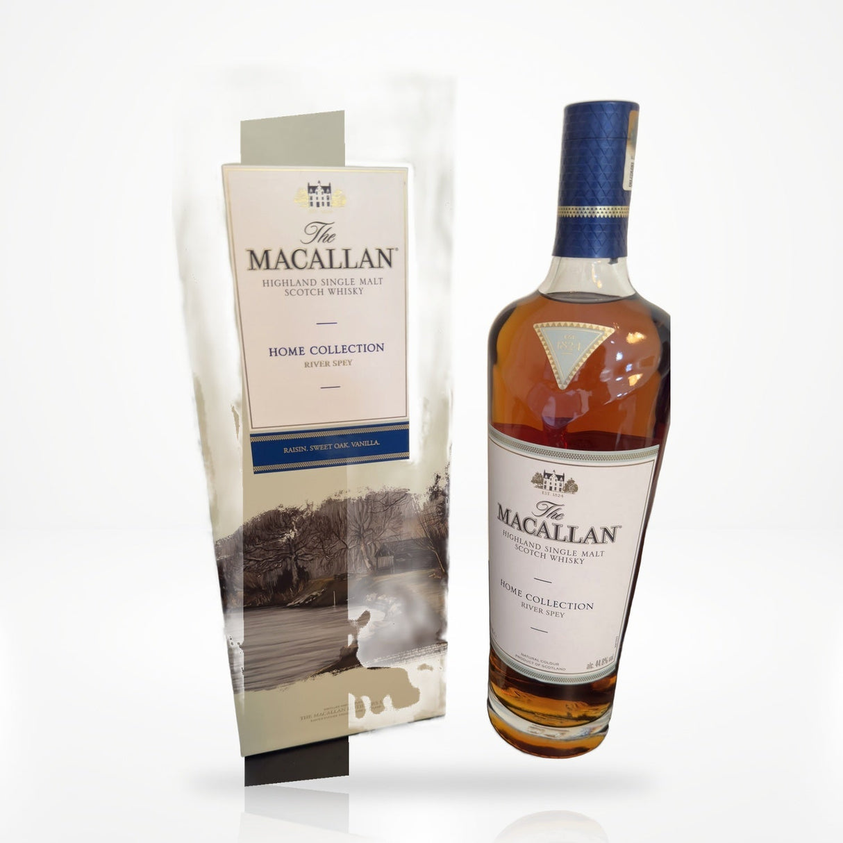 The Macallan Home Collection River Spey limited edition single malt Scotch whisky 750ml with artwork gift box on white studio background