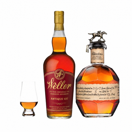 Blanton's Original Single Barrel and Weller Antique 107 bottles with Glencairn glass