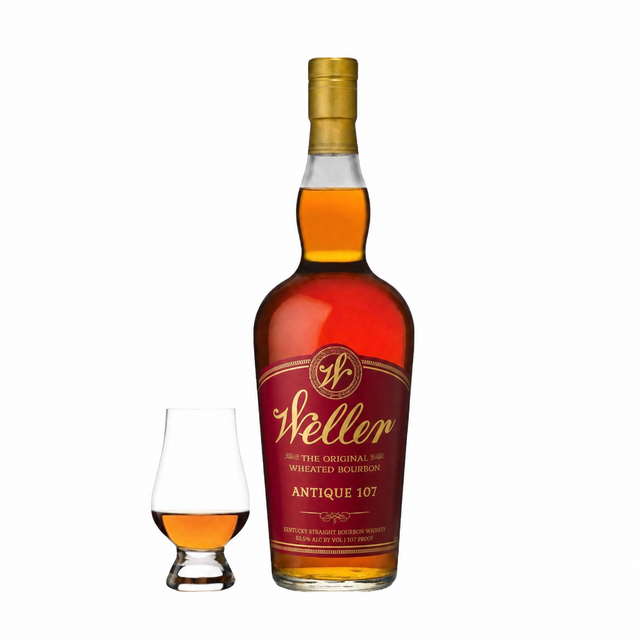 Weller Antique 107 bourbon bottle with Glencairn glass