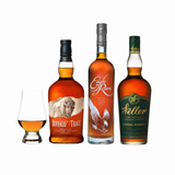 Buffalo Trace, Eagle Rare, and Weller Special Reserve bourbon bottles with Glencairn glass