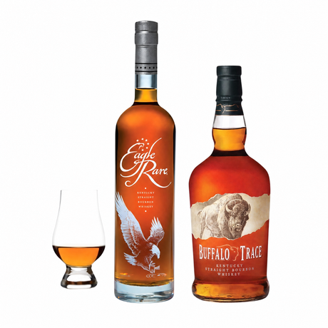 Eagle Rare 10 Year and Buffalo Trace bottles with Glencairn glass