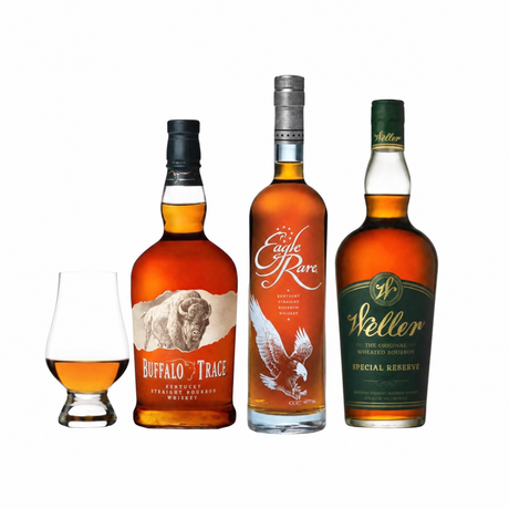 Weller Special Reserve, Eagle Rare, and Buffalo Trace bourbon bottles with Glencairn glass