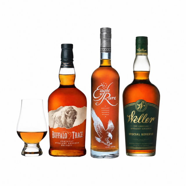 Weller Special Reserve, Eagle Rare, and Buffalo Trace bourbon bottles with Glencairn glass