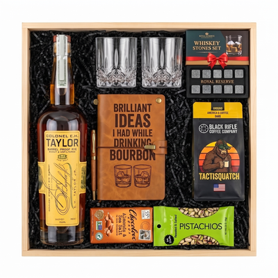 Barrel Proof Boilermaker Gift Crate - wooden gift crate holding 2 American-made bourbon bottles, Colonel E.H. Taylor Barrel Proof & Buffalo Trace