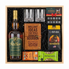 W.L. Weller Special Reserve Gold Foil Edition gift crate with two glasses, a leather bourbon journal and pen, whiskey stones, coffee, chocolate, and pistachios in a wood crate.