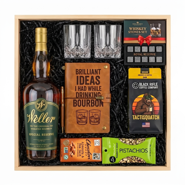 W.L. Weller Special Reserve Gold Foil Edition gift crate with two glasses, a leather bourbon journal and pen, whiskey stones, coffee, chocolate, and pistachios in a wood crate.