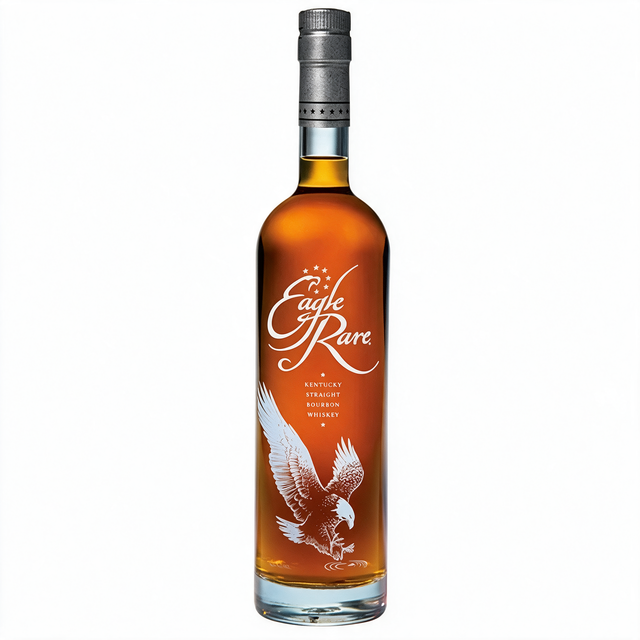 A bottle of Eagle Rare Kentucky Straight Bourbon Whiskey with amber liquid, a silver cap, and a white eagle graphic on a clean white background.