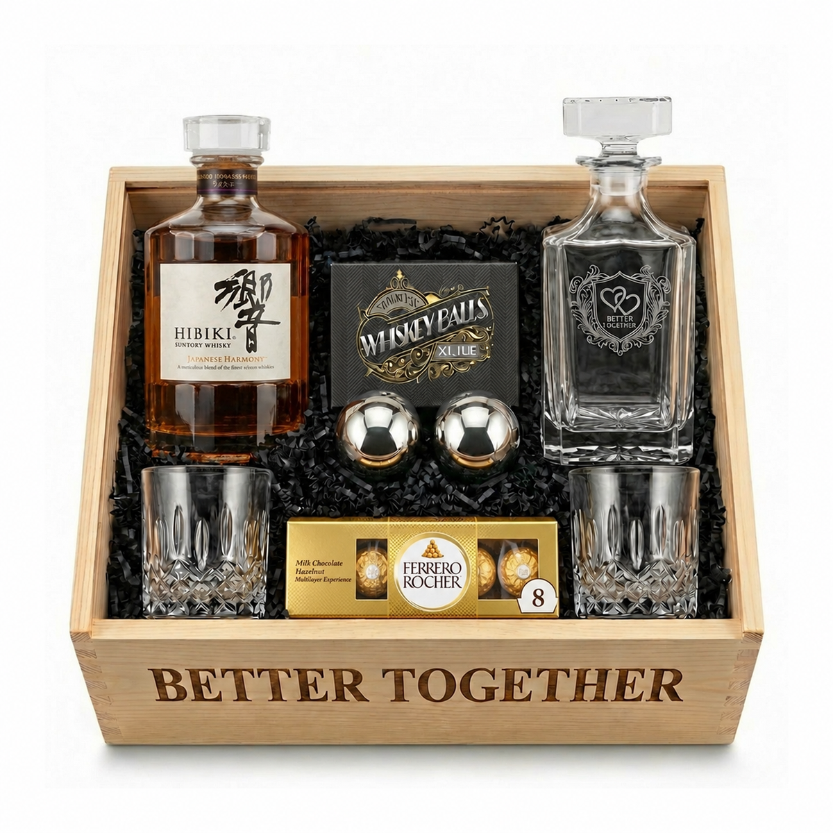 Hibiki Harmony gift crate with Ferrero Rocher 8-piece chocolates on white background