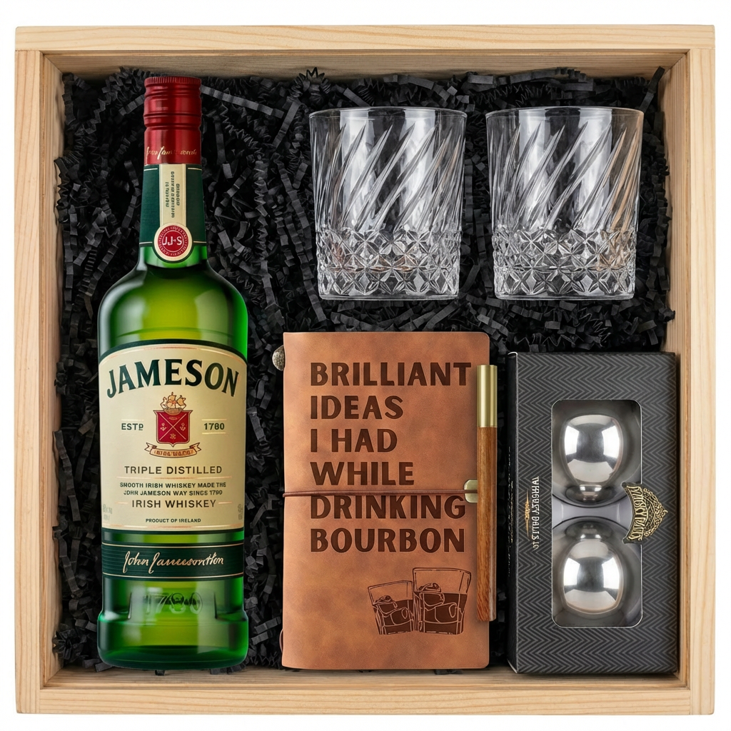 Jameson Irish Whiskey gift crate with green bottle and red cap, crystal-cut old fashioned glasses with diagonal twisted swirl pattern, tan leather bourbon journal and pen set, and Stanley's XXL stainless steel whiskey balls all nestled in black zigzag crinkle paper inside wooden crate on white background