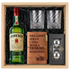 Jameson Irish Whiskey gift crate with green bottle and red cap, crystal-cut old fashioned glasses with diagonal twisted swirl pattern, tan leather bourbon journal and pen set, and Stanley&