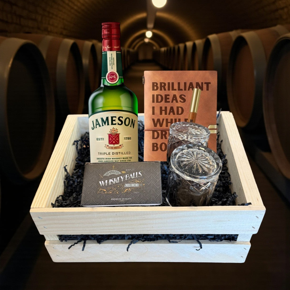 Engravable Jameson Irish Whiskey Gift Crate with bottle, glasses, and journal in a wooden crate – elegant Irish whiskey gift set from Top Bourbon