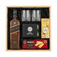 Johnnie Walker Black Label Scotch Gift Crate with Ferrero Rocher 8-piece chocolates on white background
