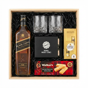 Johnnie Walker Black Label Scotch Gift Crate with Ferrero Rocher 8-piece chocolates on white background