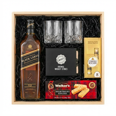 Johnnie Walker Black Label Scotch Gift Crate with Ferrero Rocher 8-piece chocolates on white background