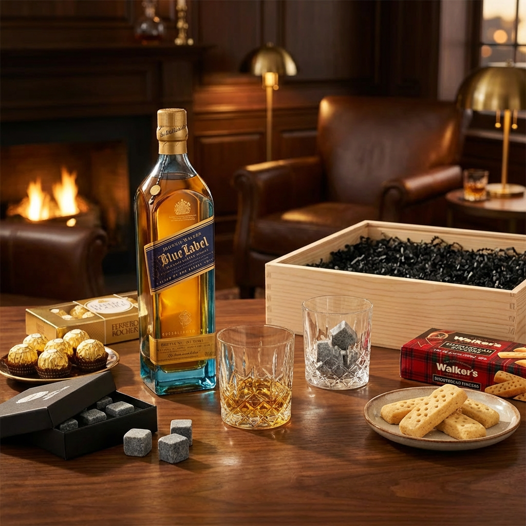 Johnnie Walker Blue Label Scotch Whisky gift crate lifestyle scene with bottle, crystal cut whiskey glasses with neat pour, Original Whiskey Stones, Ferrero Rocher chocolates, and Walker&