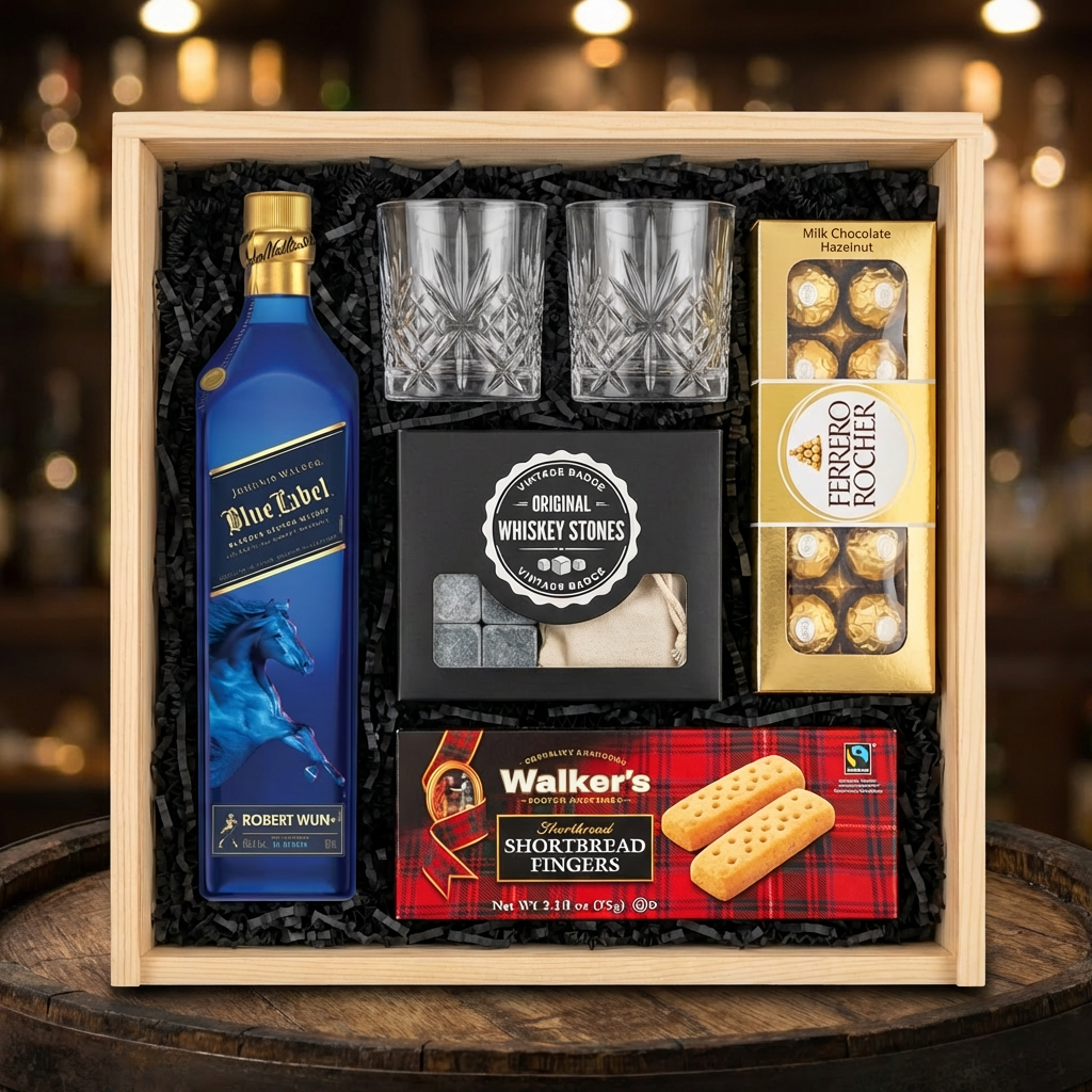 Johnnie Walker Blue Label Year of the Horse Limited Edition gift crate with cobalt blue bottle featuring artistic blue horse illustration, crystal-cut glasses, Original Whiskey Stones, Ferrero Rocher chocolates, and Walker&