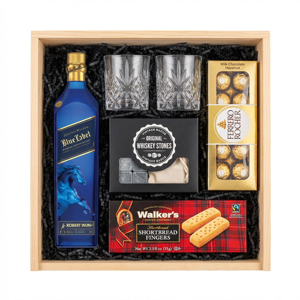 Johnnie Walker Blue Label Year of the Horse Lunar New Year Edition gift crate with crystal-cut old fashioned glasses, premium whiskey stones, Ferrero Rocher chocolates, and Walker&