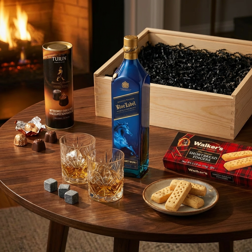 Lifestyle scene of Johnnie Walker Blue Label Year of the Horse limited edition Scotch gift set being enjoyed on an elegant dark wood table with crystal glasses filled with scotch, whiskey stones, Walker&