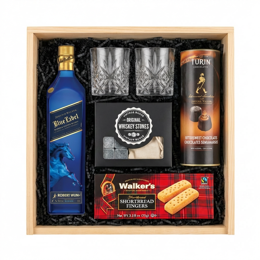 Johnnie Walker Blue Label Year of the Horse Limited Edition Scotch Gift Crate featuring a 750ml commemorative bottle, two crystal cut whiskey glasses, Original Whiskey Stones set, Walker&
