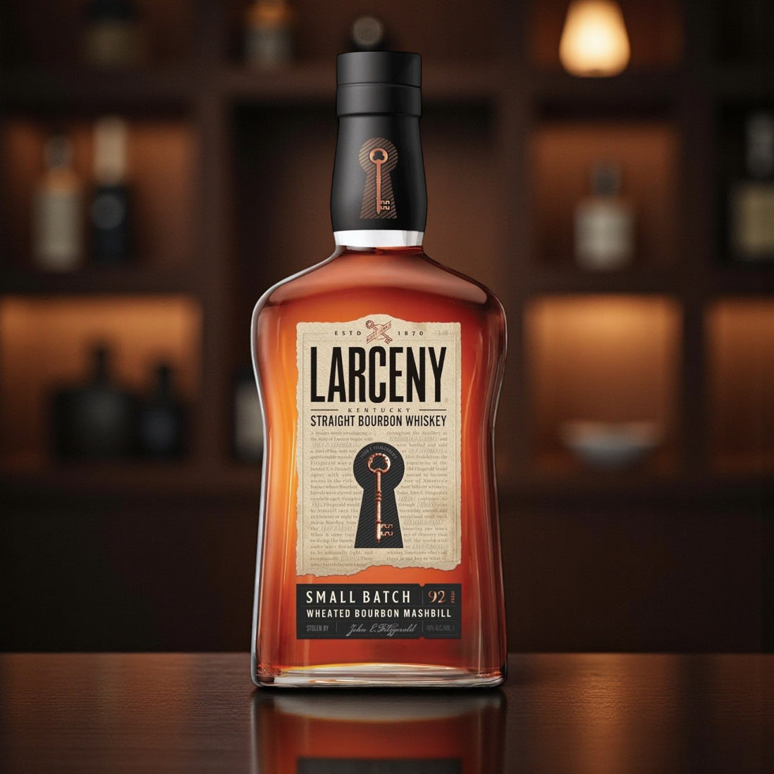 Engravable Larceny Small Batch Kentucky Straight Bourbon Whiskey displayed on bar with warm ambient lighting – Top Bourbon lifestyle photo