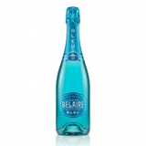 Luc Belaire Bleu Édition Limitée sparkling wine bottle with turquoise blue glass, textured blue foil neck, and ornate blue label against a clean white background
