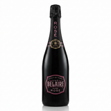 Luc Belaire Rare Rosé sparkling wine bottle with sleek black glass, pink stripe bands, and ornate shield-shaped label against a clean white background