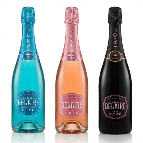 Luc Belaire sparkling wine trio bundle featuring Bleu Édition Limitée turquoise bottle, Luxe Rosé pink bottle, and Rare Rosé black bottle side by side against a white background