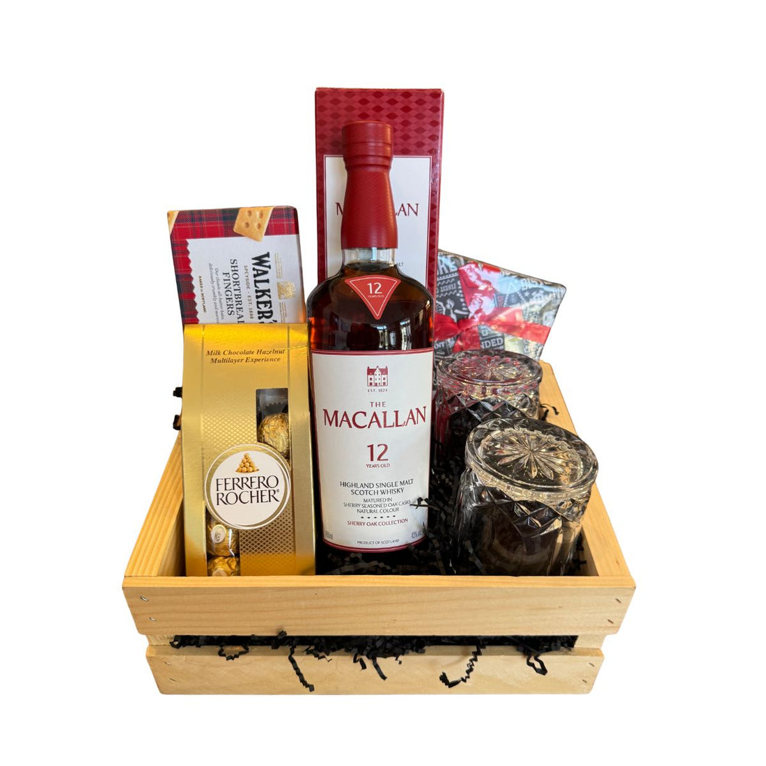 The Macallan 12 Year Sherry Oak Wooden Gift Crate – Scotch, Glasses, Chocolate &amp; Whiskey Stones