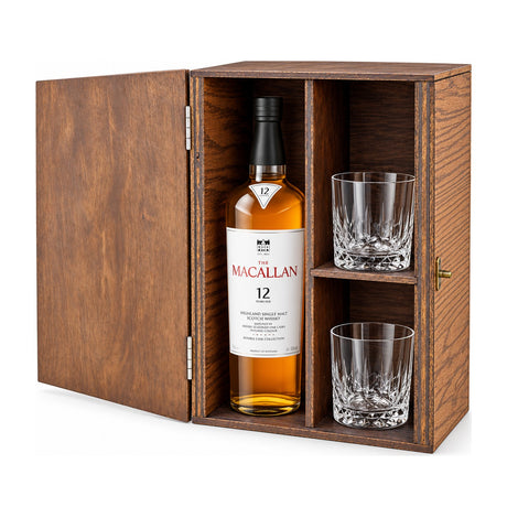 The Macallan 12 Year Double Cask Gift Set with Wooden Box & 2 Crystal Glasses – wooden gift box with 2 crystal glasses