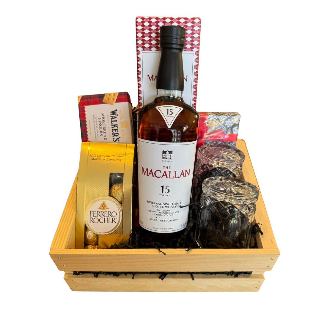 The Macallan 15 Year Double Cask Scotch Gift Crate – Whisky, Crystal Glasses, Chocolate &amp; Whiskey Stones