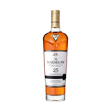 The Macallan 25 Year Sherry Oak Highland Single Malt Scotch Whisky 750ml bottle with premium presentation box, rich mahogany 25-year aged Scotch matured in European sherry oak casks from Speyside Scotland