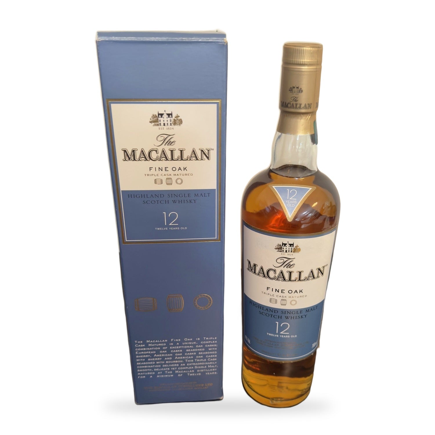 The Macallan Fine Oak 12 Year triple cask single malt Scotch whisky 750ml with box on white background