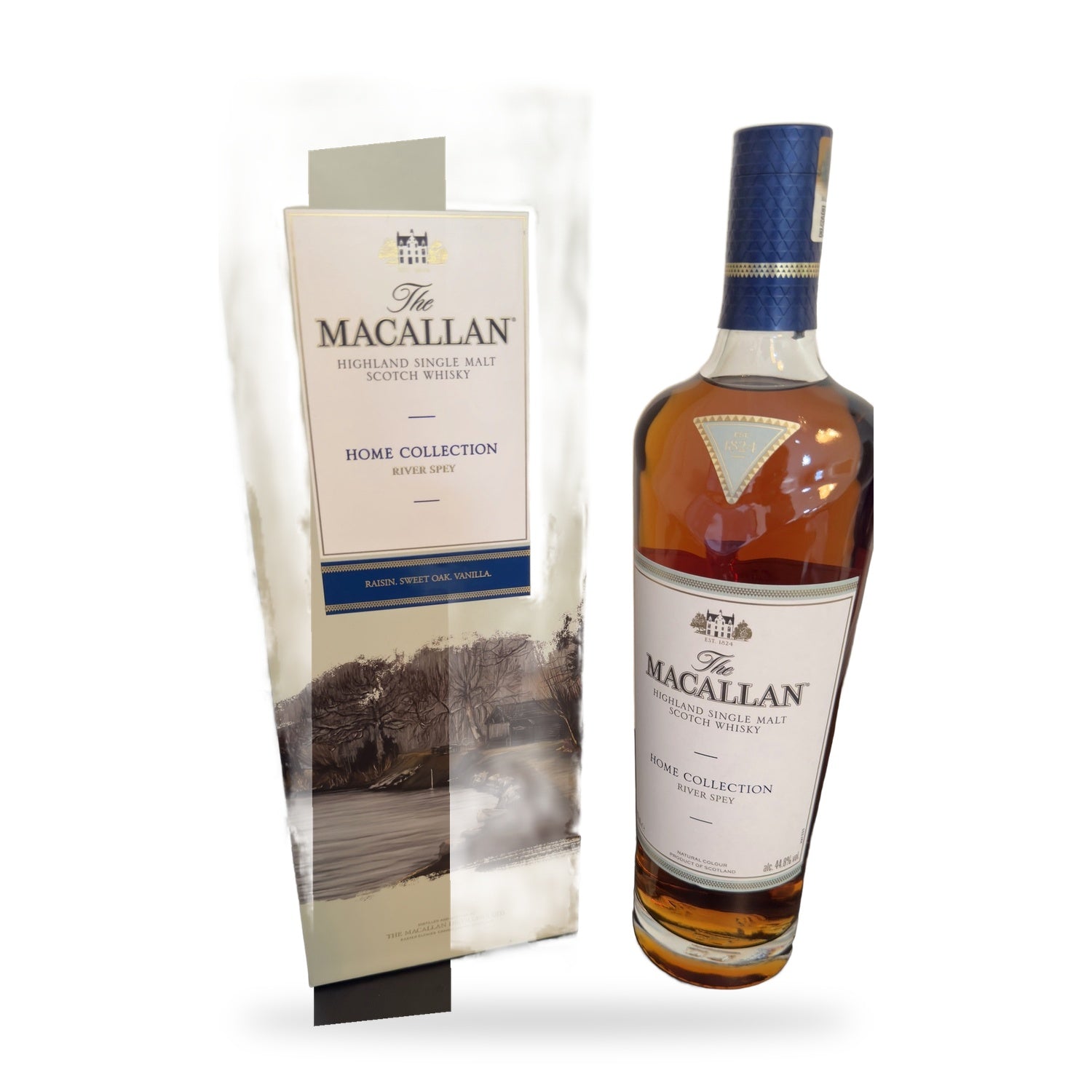 The Macallan Home Collection River Spey limited edition single malt Scotch whisky 750ml with artwork gift box on white background