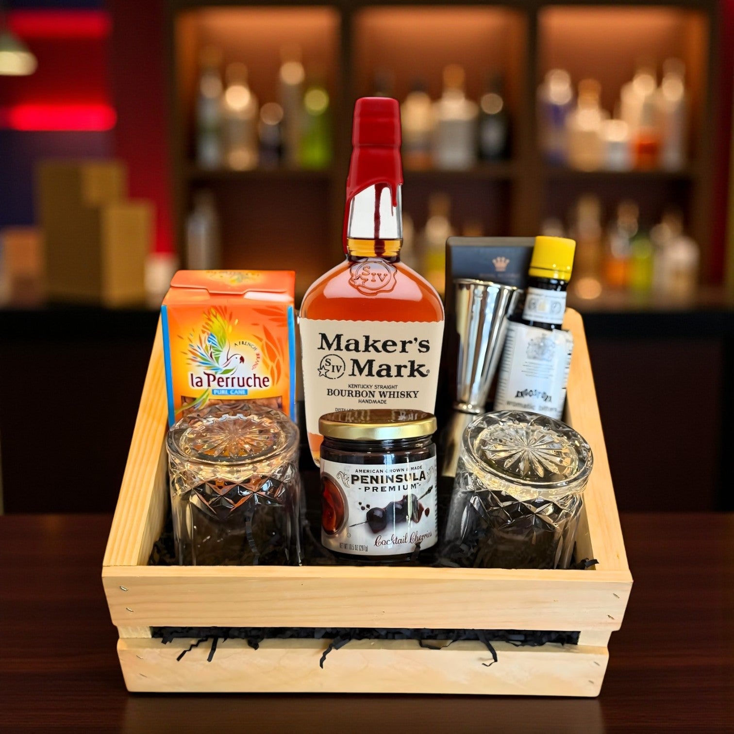 Engravable Maker’s Mark Old Fashioned Gift Crate with bourbon, bitters, sugar cubes, cherries, and glasses – Top Bourbon lifestyle image