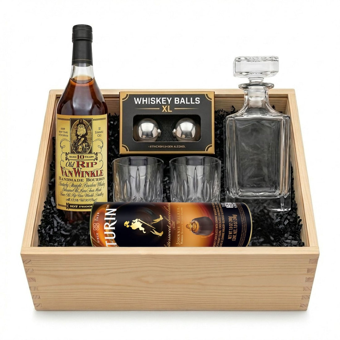 Old Rip Van Winkle 10 Year Bourbon Executive Gift Crate with decanter, crystal glasses, whiskey balls, chocolates, and engravable wooden crate