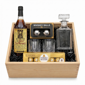 Old Rip Van Winkle 10 Year gift crate with Ferrero Rocher 8-piece chocolates on white background