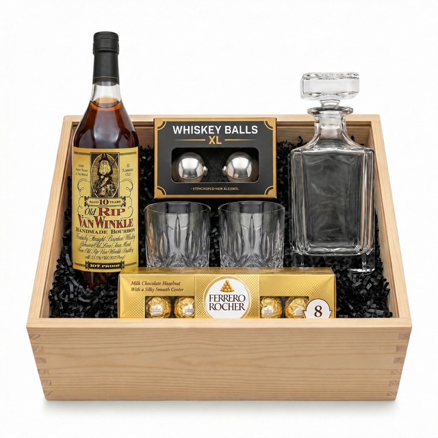 Old Rip Van Winkle 10 Year gift crate with Ferrero Rocher 8-piece chocolates on white background