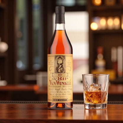 Engravable Old Rip Van Winkle 10 Year Bourbon bottle on polished bar beside glass of bourbon on ice – Top Bourbon lifestyle image